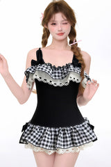 Black Sleeveless Printed Ruffled Bow Lace Lolita Swimsuit - Product - 2