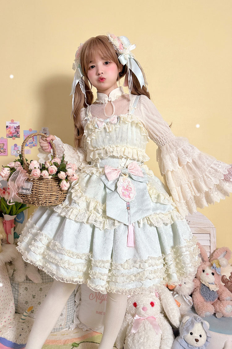 [Good Night, Peach] Sleeveless Multi-Layered Ruffled Bow Lace Sweet Chinese Style Lolita Jsk Dress 3 Colors - Product - 10