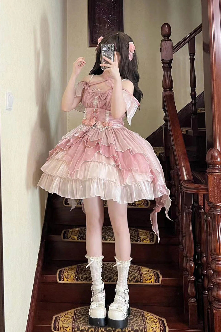Pink Multi-layer Ruffle Hanayome Bowknot Sweet Elegant Princess Gorgeous Lolita Jsk Dress - Product - 13