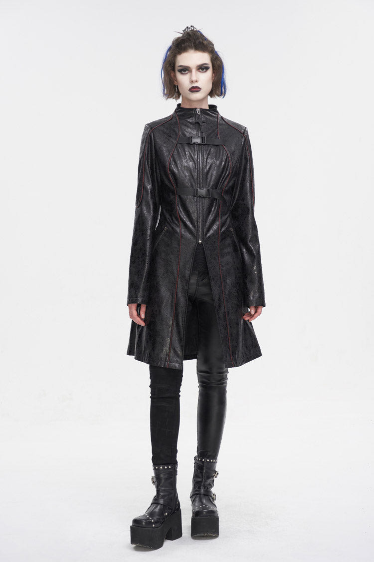 Black Double Buckle Faux Leather Long Women's Punk Coat - Product - 3