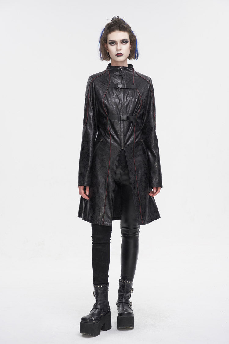 Black Double Buckle Faux Leather Long Women's Punk Coat - Product - 3