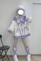 White/Purple Cyberpunk Functional Print Hooded Jirai Kei Japanese Sports Coat - White/Purple - 1