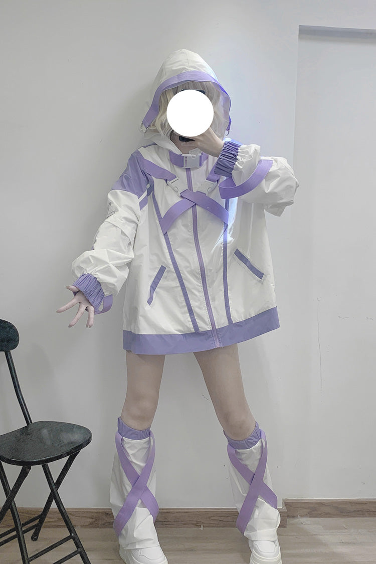 White/Purple Cyberpunk Functional Print Hooded Jirai Kei Japanese Sports Coat - White/Purple - 1