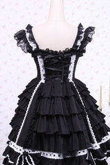 Black/White Cap Sleeves Ruffled Bowknot Lace Trim Gothic Lolita Dress - Product - 3