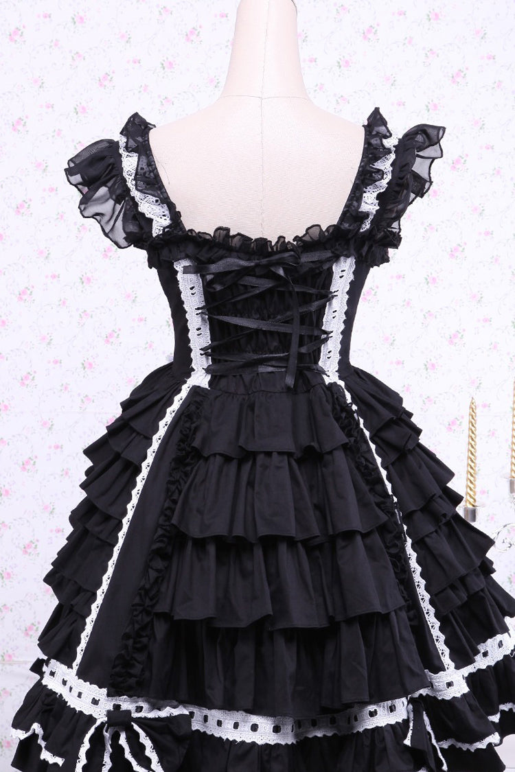 Black/White Cap Sleeves Ruffled Bowknot Lace Trim Gothic Lolita Dress - Product - 3