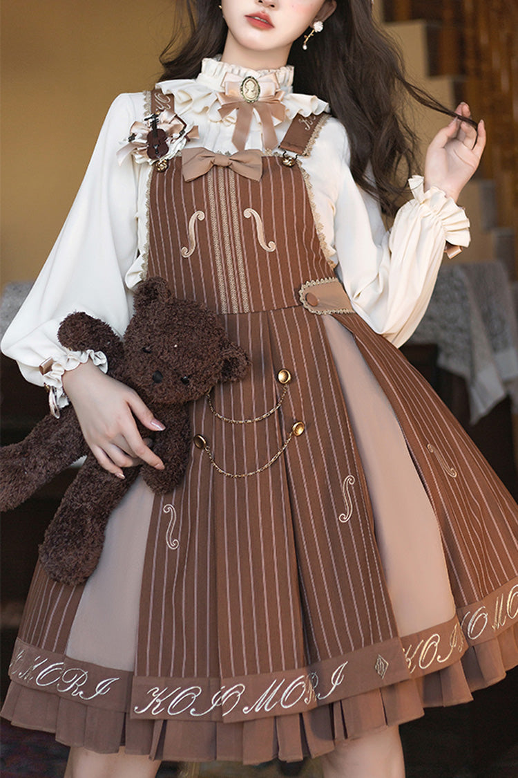 The Violin Embroidery Print Ruffle Bowknot Sweet College Style Lolita Strap Dress 2 Colors - Brown - 1