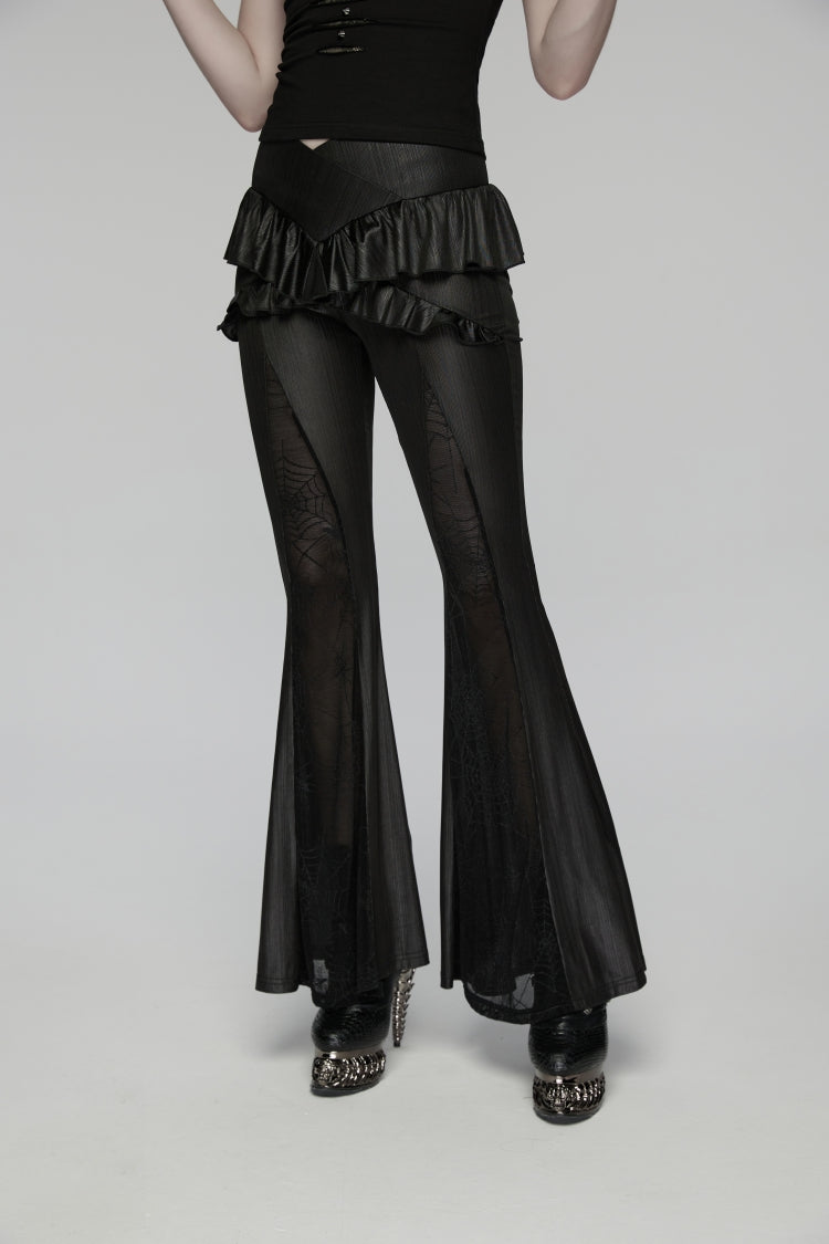 Black Ruffled Women's GothicRuffled Cobweb Pattern Flared Pants - Product - 3