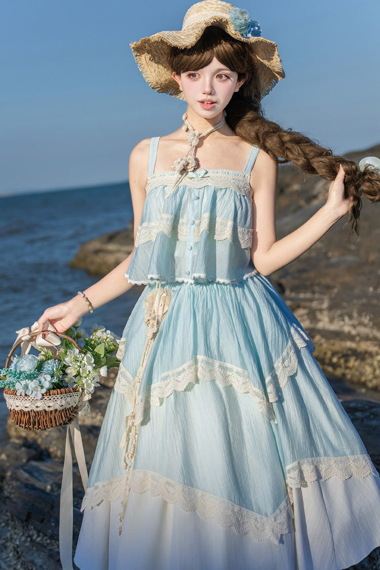 [Summer of Bluebells] Square Collar Sleeveless Jacquard Ruffled Asymmetric Sweet Lolita Skirt Set 2 Colors (Blue/Green, Ivory) - Product - 22