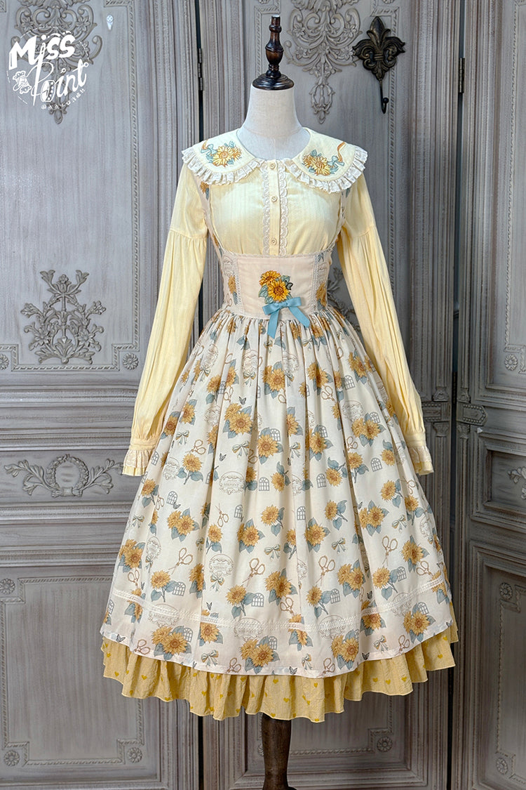 Apricot [Gardening Sunflower] Sleeveless Print Ruffle Bowknot Sweet Elegant Uplift Lolita Jsk Dress - Product - 3