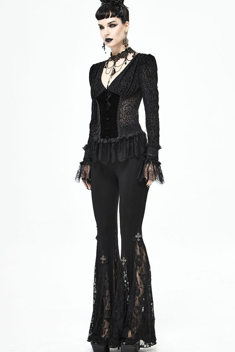 lack Gothic Flocking V-Neck Front Splice Velvet Long Sleeve Lace Hem Women's Blouse - Product - 8