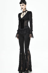lack Gothic Flocking V-Neck Front Splice Velvet Long Sleeve Lace Hem Women's Blouse - Product - 8