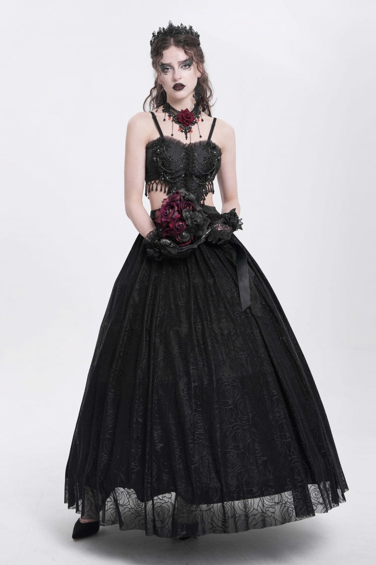 Black Jacquard Floral Embroidery Lace Ripped Women's Gothic Party Slip Dress - Product - 9