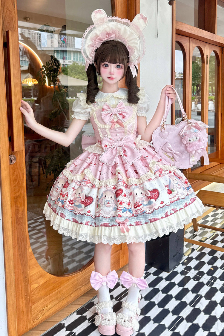 Pink [Cute Rabbit Party] Sleeveless Double-Layered Printed Ruffled Bow Sweet Lolita Jsk Dress - Product - 4