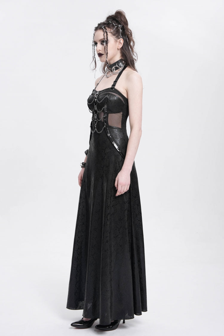 Black Halterneck Stitching Mesh Chained Women's Punk Dress - Product - 3
