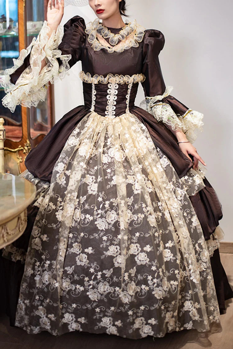 Brown Dark Pattern Print Medieval Court Gothic Victorian Lolita Long Dress - Brown - 1
