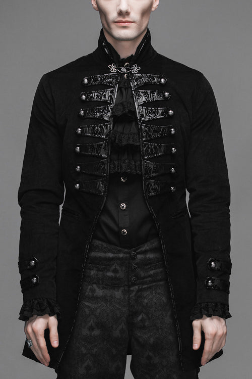 Black Fake Two Pieces Embroidered Turn Down Collar Long Sleeves Velvet Mens Gothic Coat - Black - 1