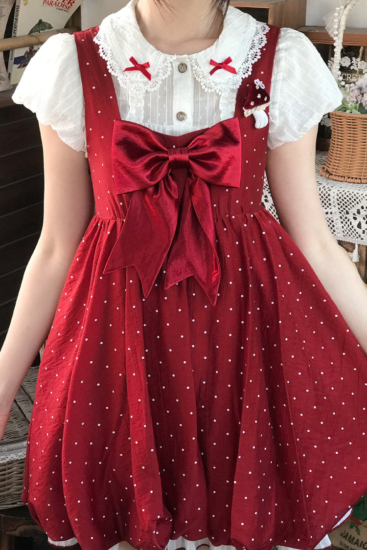 Red [Little Mushroom] Sleeveless Polka Dot Printed Ruffled Bow Sweet Lolita Jsk Dress - Product - 6