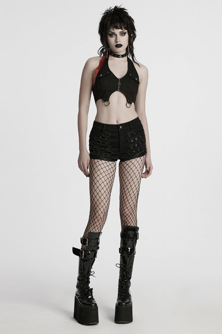 Black Stitching Mesh Distressed Women's Punk Shorts - Product - 4