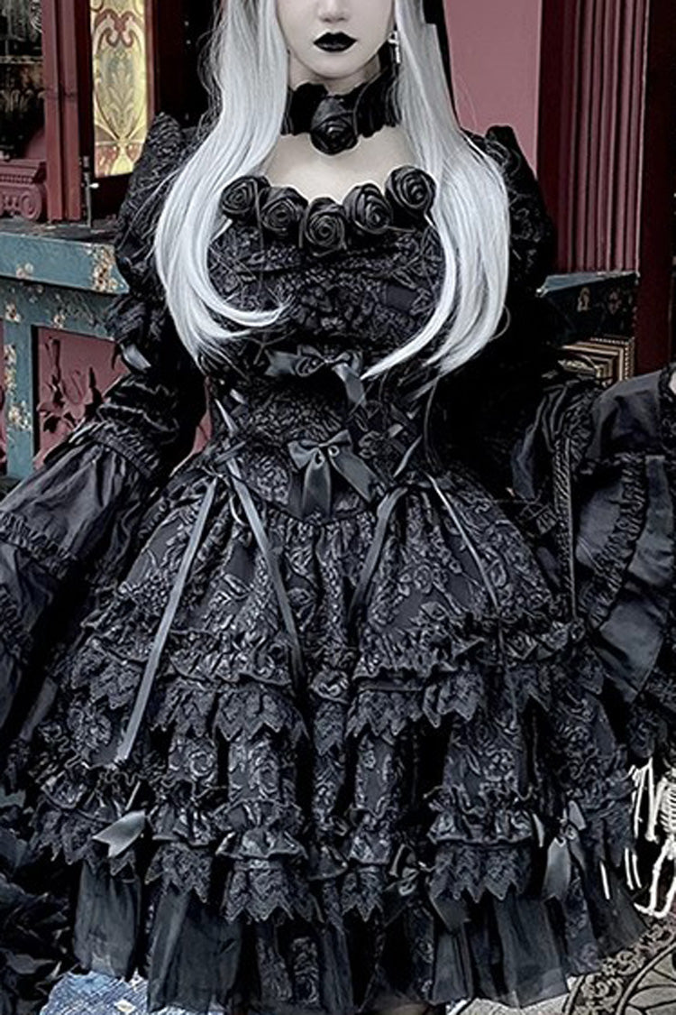 Pure Black Puff Short Sleeves Princess Gothic Lolita Tiered Dress - Black - 1
