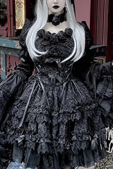 Pure Black Puff Short Sleeves Princess Gothic Lolita Tiered Dress - Black - 1