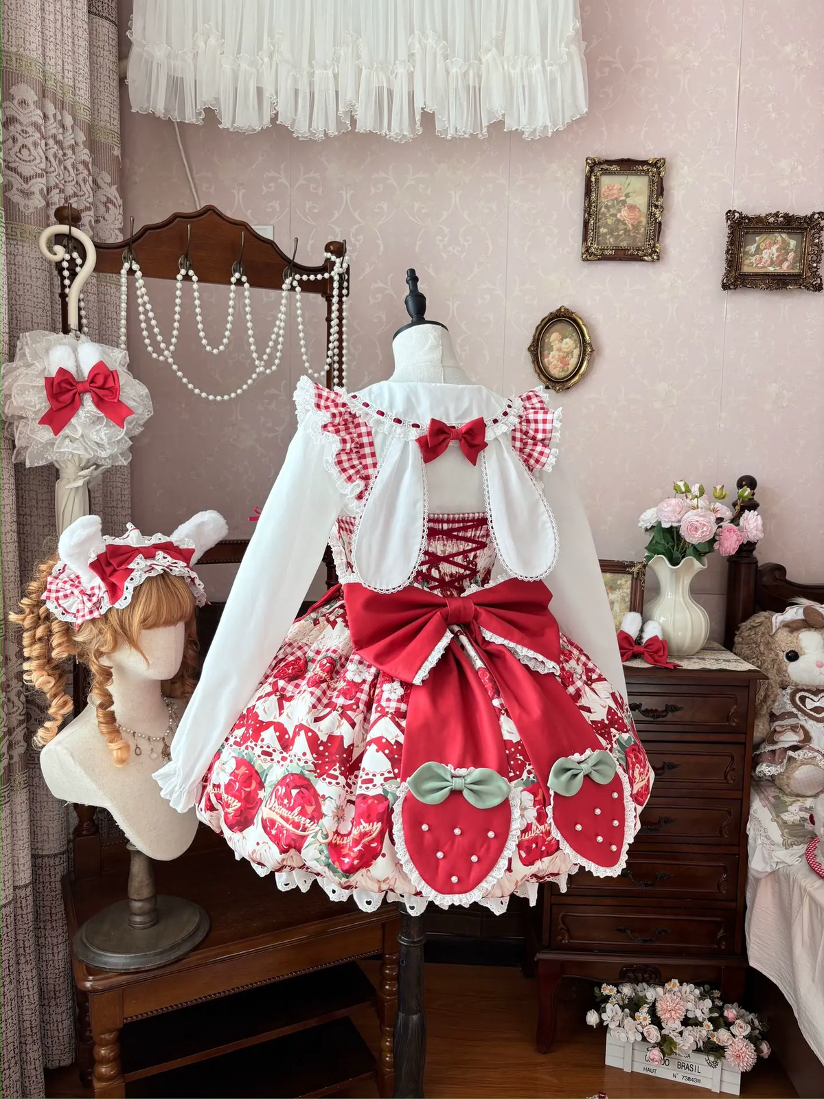 Strawberry Print Ruffled Maid Lolita Dress Set with Apron - view 11