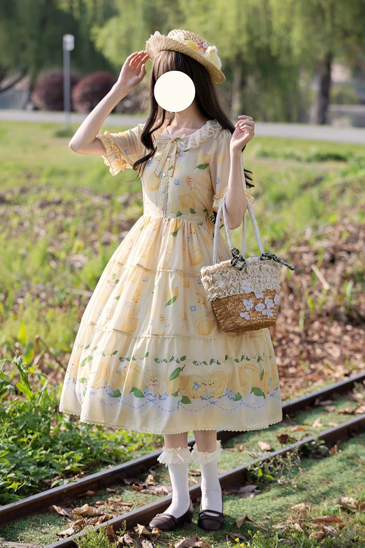 Yellow [Lemon Chicken] Short Sleeves Print Ruffle Bowknot Lace Daily Sweet Lolita Dress - Product - 5