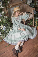 Green Long Sleeves Ruffle Embroidery Bowknot Sweet Plus Size Elegant Lolita Dress - Product - 4