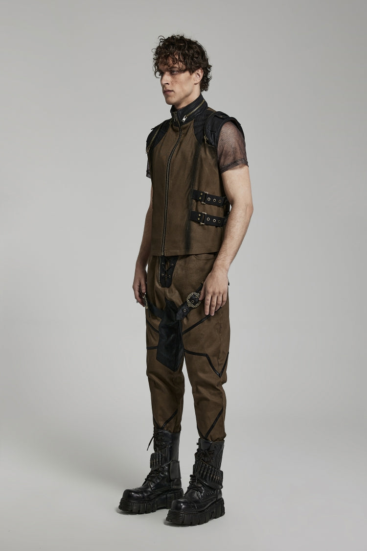 Brown Stand Collar Side Waist Webbing Decorative Stitching Mens Steampunk Vest - Product - 3