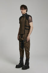 Brown Stand Collar Side Waist Webbing Decorative Stitching Mens Steampunk Vest - Product - 3