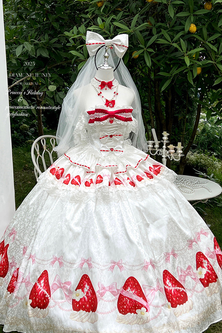White [True Love Strawberry] Print Off Shoulder Sleeveless Ruffle Bowknot Lace Sweet Princess Lolita Dress Set - Product - 3