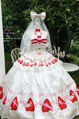 White [True Love Strawberry] Print Off Shoulder Sleeveless Ruffle Bowknot Lace Sweet Princess Lolita Dress Set - Product - 3