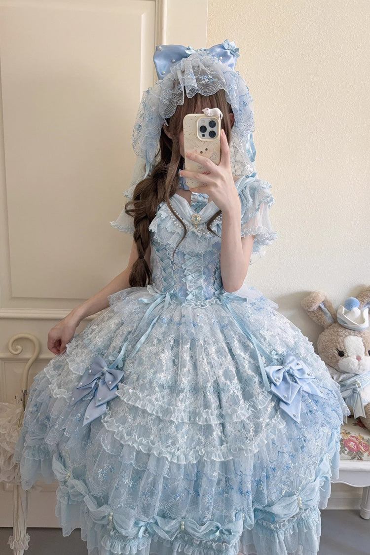 Blue Long Sleeves Hanayome Bow Lace-Up Sweet Gorgeous Lolita Dress with Train and Veil - Product - 5