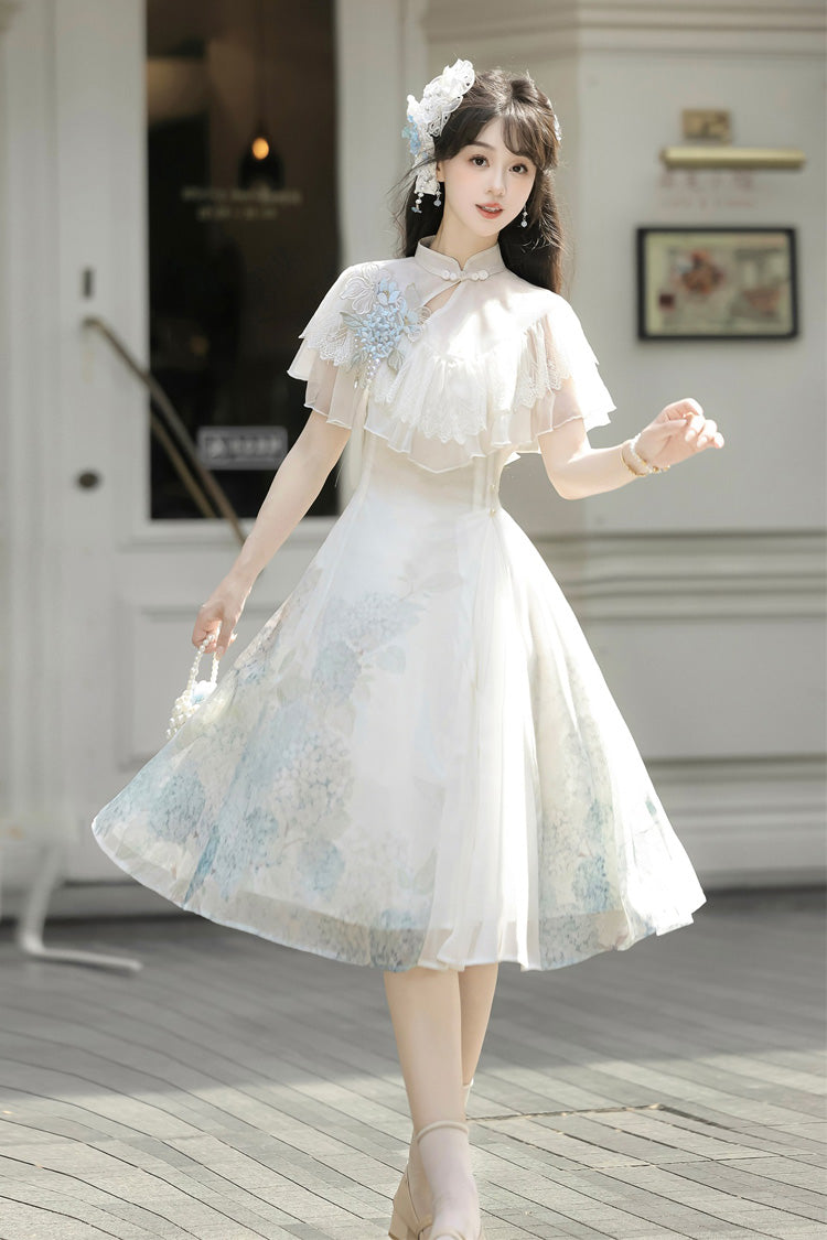 White [Hydrangea Message] Short Sleeves Print Ruffle Lace Sweet Chinese Style Elegant Lolita Short Dress - White - 1