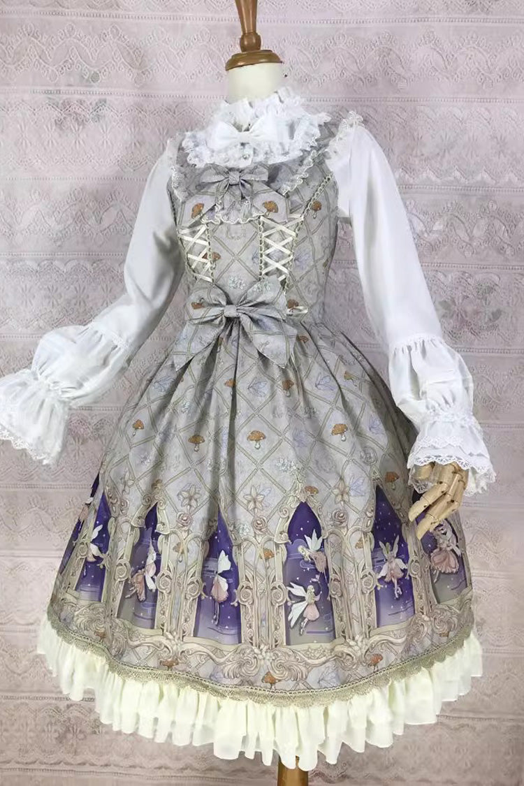 Dream Elf Print Ruffle Bowknot Sweet Lolita Jsk Dress 6 Colors - Apricot - 13