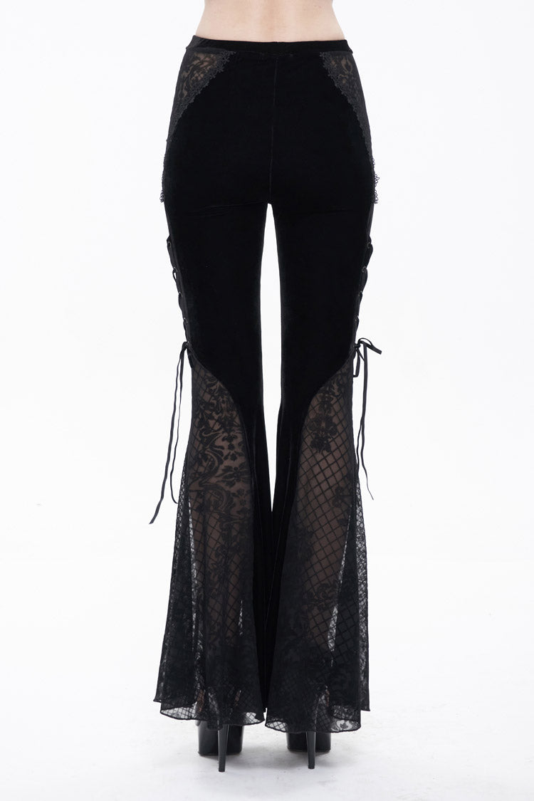 Black Translucent Velvet Jacquard Sexy Panel Lace-Up Plaid Flared Gothic Women's Pants - Product - 4