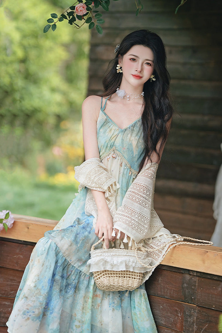 Blue/Green V Collar Sleeveless Oil Painting Printed Classic Lolita Jsk Dress - Product - 5
