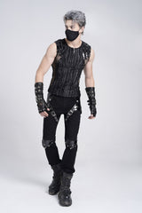 Black Sleeveless Ribbed Print Stitching Mesh Zipper Men's Gothic Vest - Product - 12