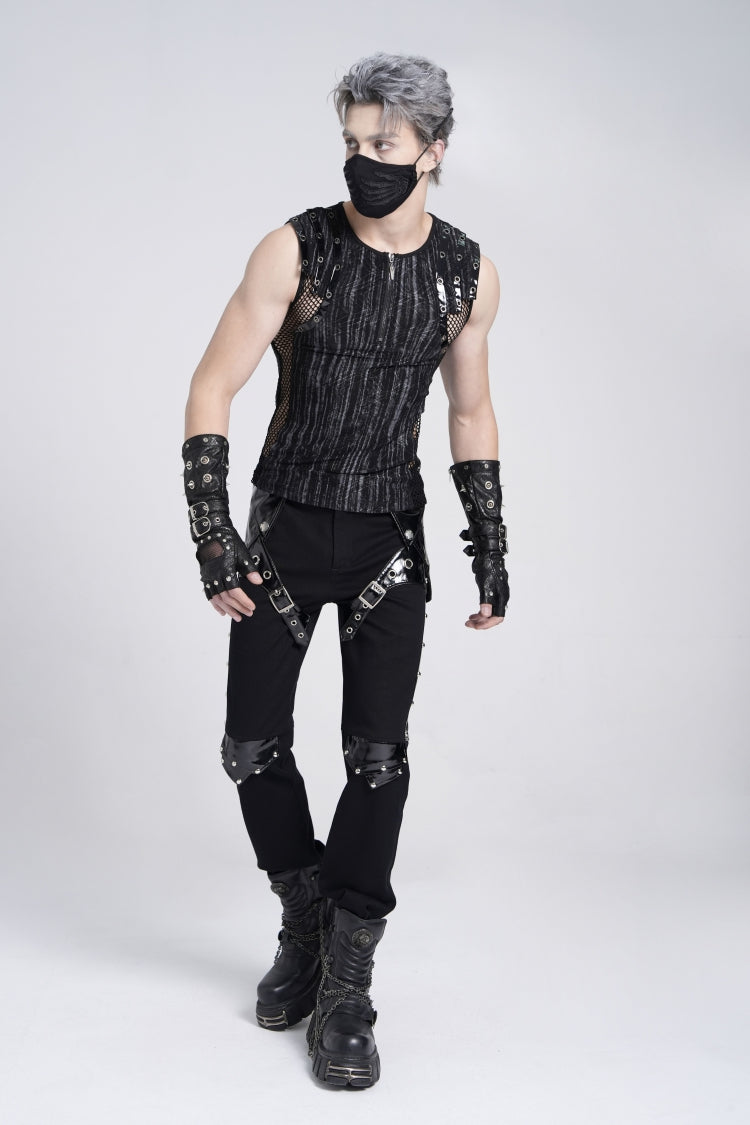 Black Sleeveless Ribbed Print Stitching Mesh Zipper Men's Gothic Vest - Product - 12