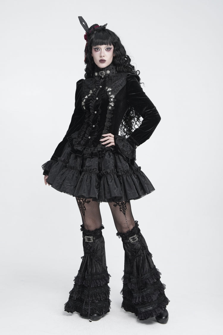 Black Multi-Layered Lace Lace-Up Buckled Pleated Women's Gothic Luxurious Royal  Leg Warmers - Product - 11