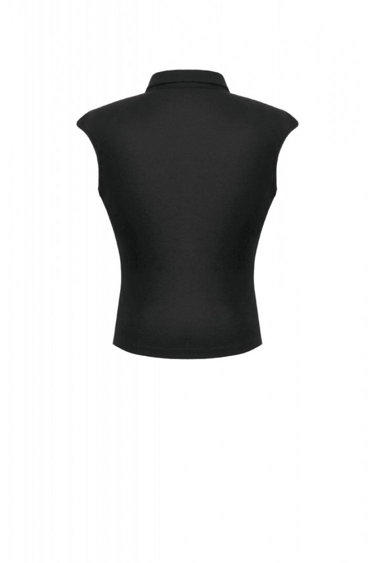 Black Women's Punk Turn-down Collar Lace-Up Studded Sleeveless Polo Top - Product - 14