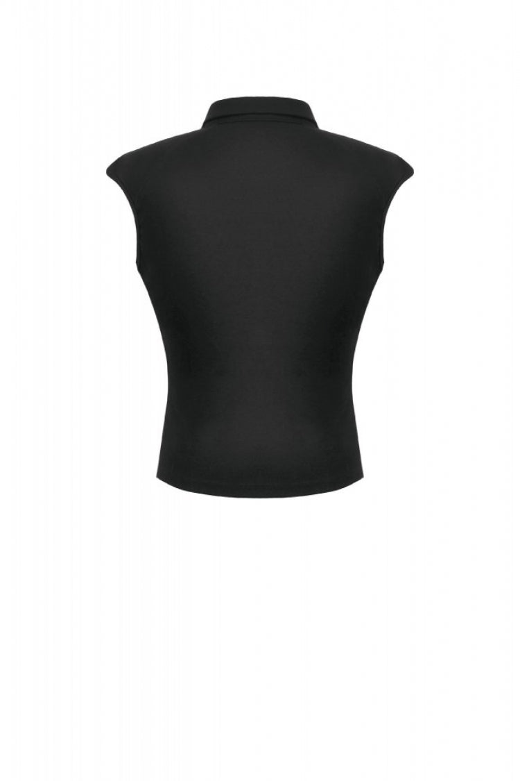 Black Women's Punk Turn-down Collar Lace-Up Studded Sleeveless Polo Top - Product - 14