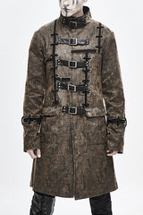 Brown Steampunk Patch Mens Long Leather Coat - Brown - 1