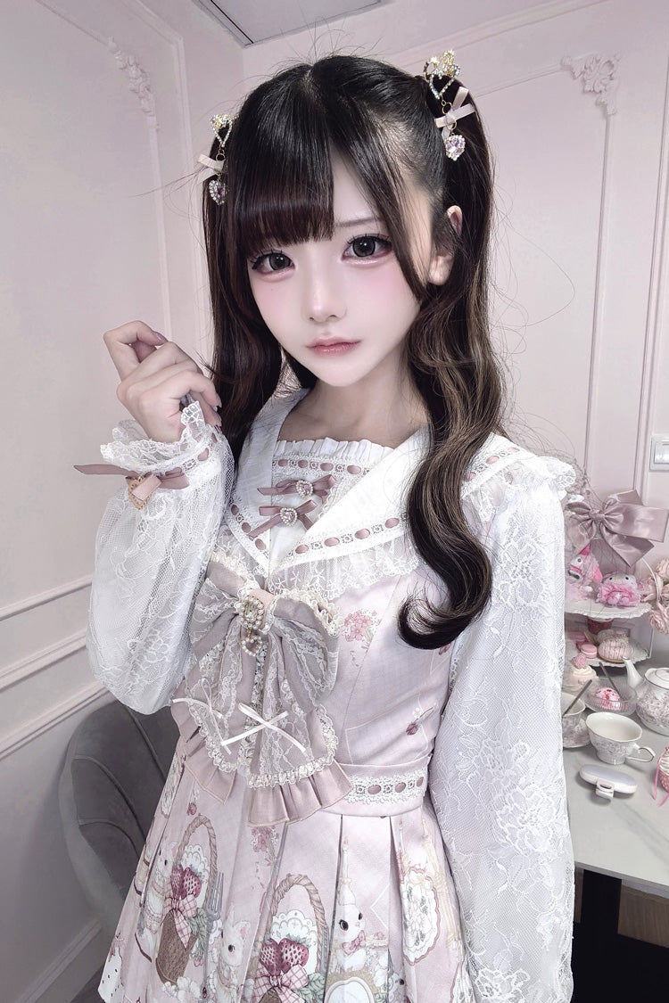 White/Pink [Strawberry Bunny] Navy Collar Long Sleeves Printed Ruffled Bow Lace Sweet Japanese Jirai Kei OP Dress - Product - 2