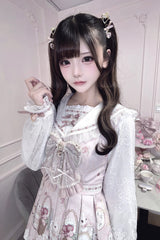 White/Pink [Strawberry Bunny] Navy Collar Long Sleeves Printed Ruffled Bow Lace Sweet Japanese Jirai Kei OP Dress - Product - 2