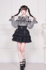 Jirai Kei Off Shoulder Long Sleeves Print Bowknot Lace-Up Sweet Japanese Blouse 3 Colors - Product - 7