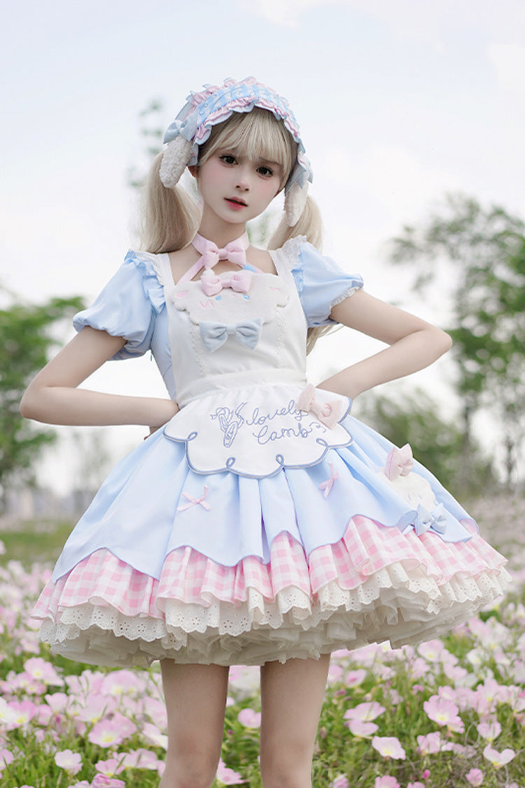 ブルー／ピンク [Lamb Story] ショート パフスリーブ 二層 チェック プリント フリル リボン スウィートロリータ ジャンパースカート（JSK） セット 商品画像