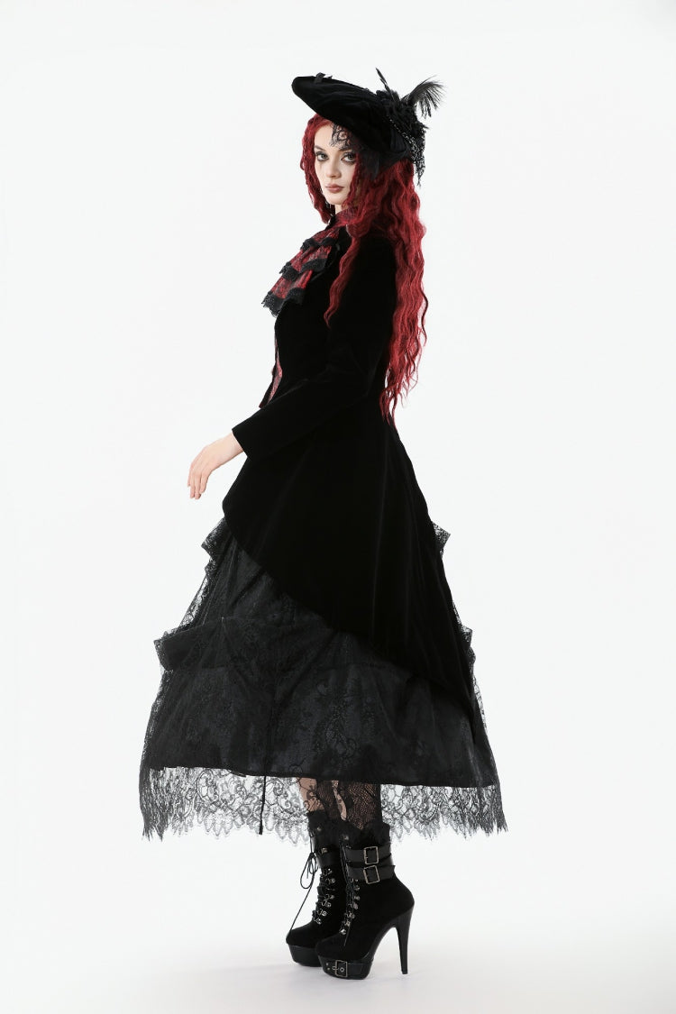 Black/Red Peak Lapel Collar Long Sleeves Multi-Layered Lace Mock Two-piece Women's Gothic Tailcoat - Product - 4