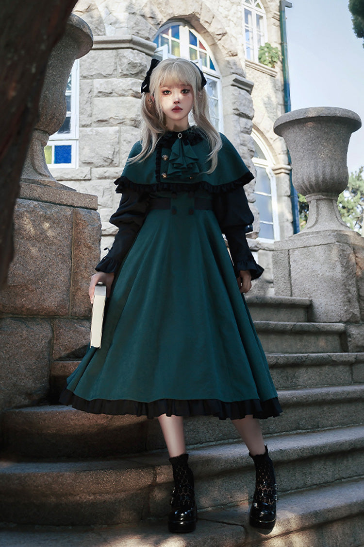 Green [Potions School] Long Sleeves Ruffle Bowknot Sweet Elegant Lolita Dress Two-piece Set - Product - 6