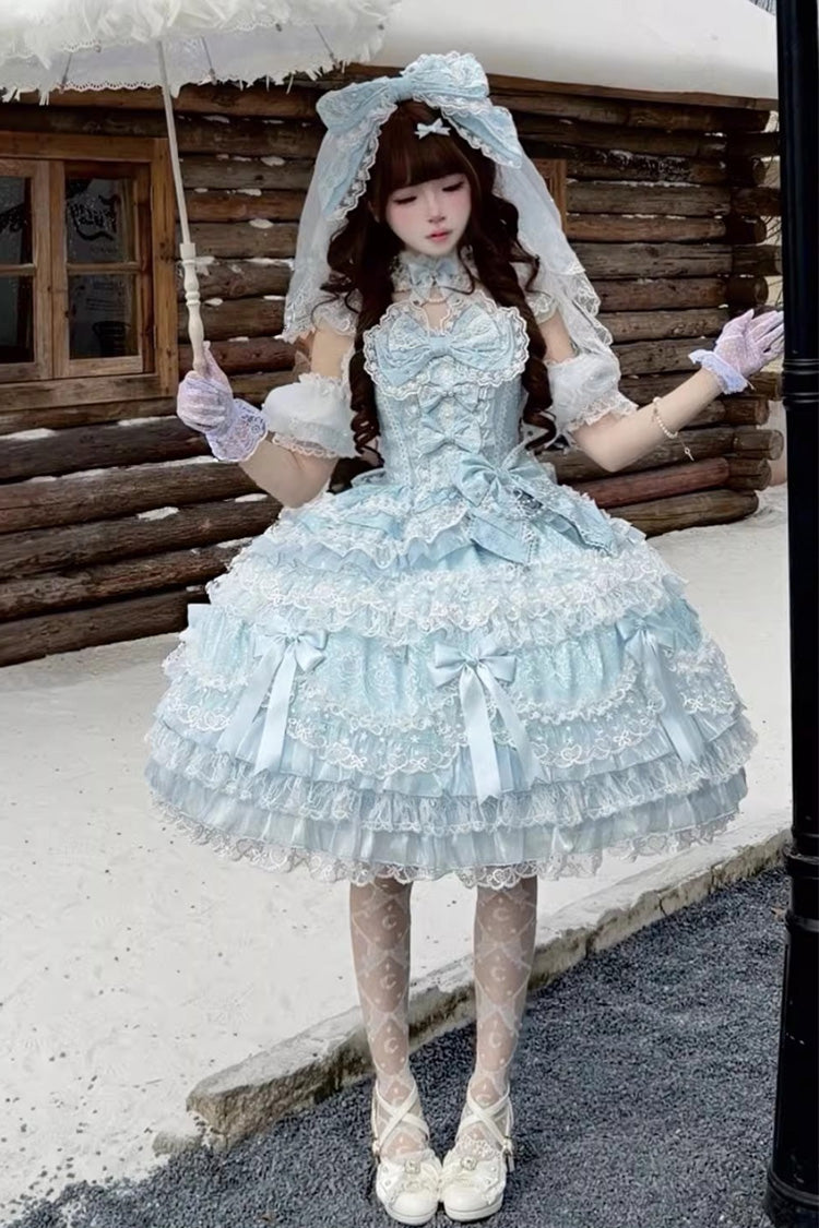 Blue [Dream of the Misty Moon] Sleeveless Multi-Layered Ruffled Bow Lace Pearl-Decorated Sweet Princess Lolita Jsk Dress - Product - 2