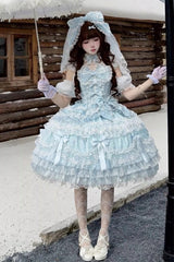 Blue [Dream of the Misty Moon] Sleeveless Multi-Layered Ruffled Bow Lace Pearl-Decorated Sweet Princess Lolita Jsk Dress - Product - 2